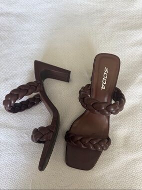 Brown Braided Double-Strap Block Heel Sandals